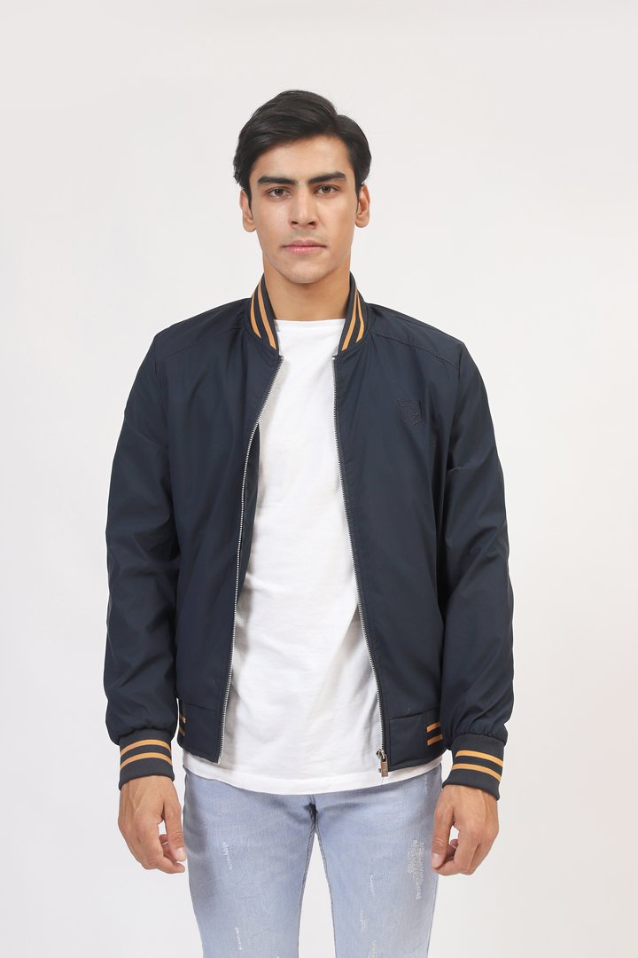 Navy Bomber Jacket With Contrast Striped Rib